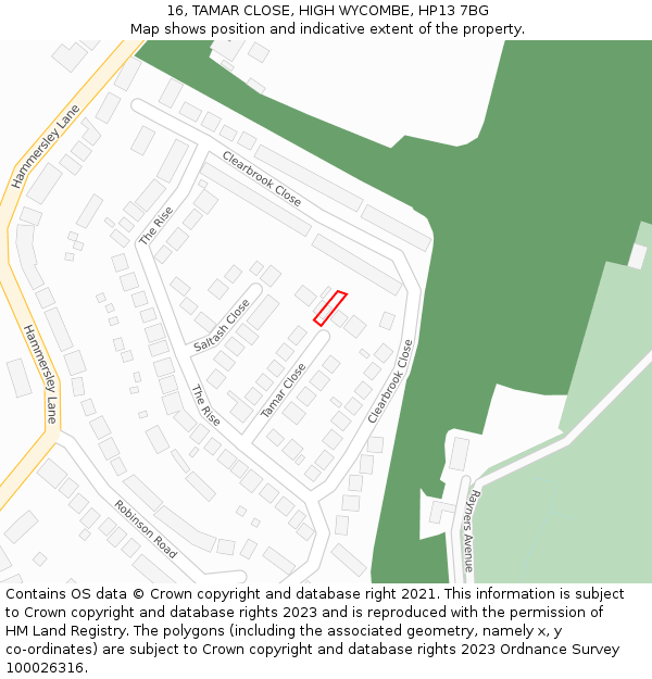 16, TAMAR CLOSE, HIGH WYCOMBE, HP13 7BG: Location map and indicative extent of plot