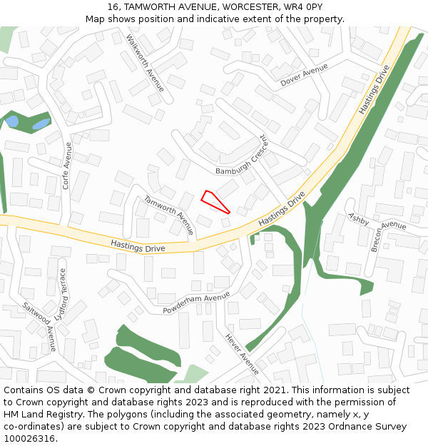 16, TAMWORTH AVENUE, WORCESTER, WR4 0PY: Location map and indicative extent of plot