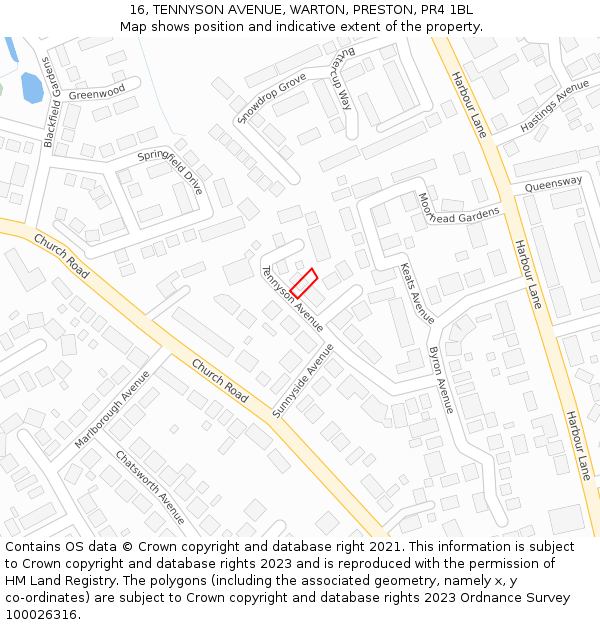 16, TENNYSON AVENUE, WARTON, PRESTON, PR4 1BL: Location map and indicative extent of plot