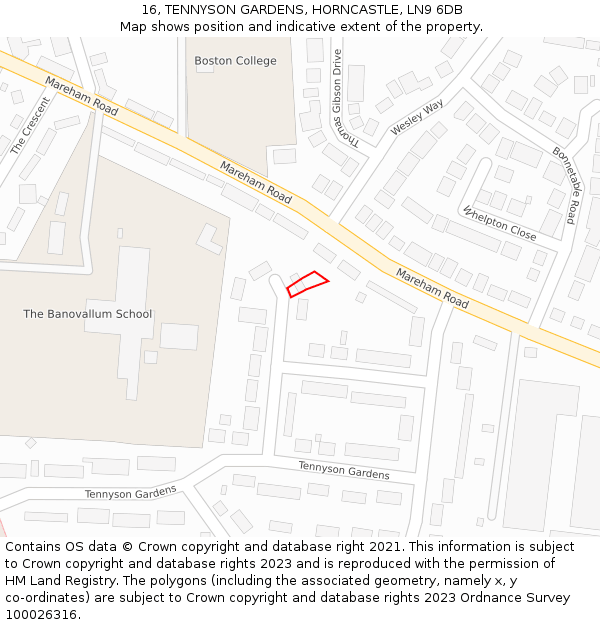 16, TENNYSON GARDENS, HORNCASTLE, LN9 6DB: Location map and indicative extent of plot
