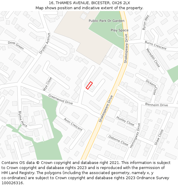 16, THAMES AVENUE, BICESTER, OX26 2LX: Location map and indicative extent of plot