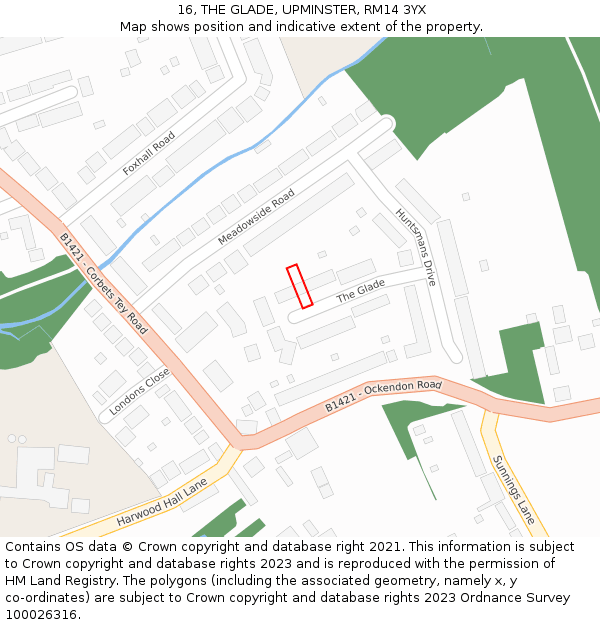16, THE GLADE, UPMINSTER, RM14 3YX: Location map and indicative extent of plot