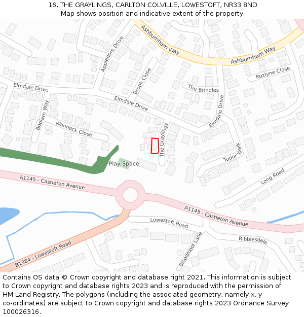 16, THE GRAYLINGS, CARLTON COLVILLE, LOWESTOFT, NR33 8ND: Location map and indicative extent of plot