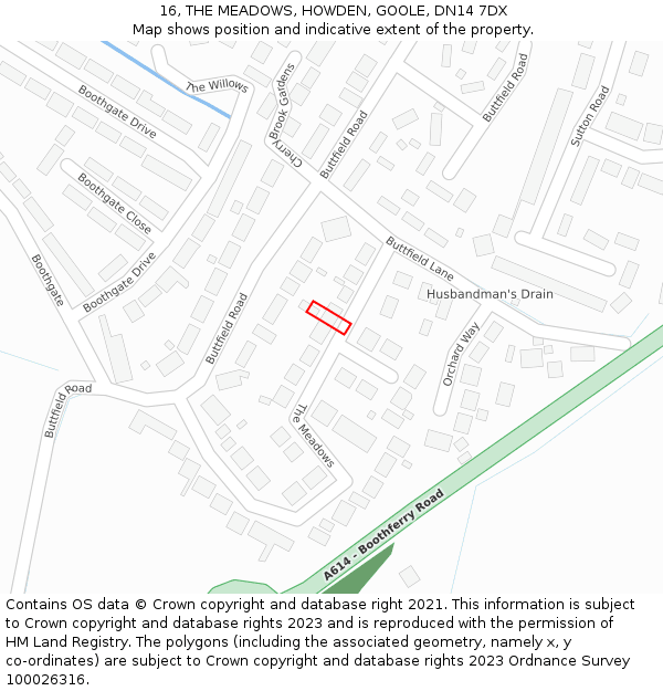 16, THE MEADOWS, HOWDEN, GOOLE, DN14 7DX: Location map and indicative extent of plot