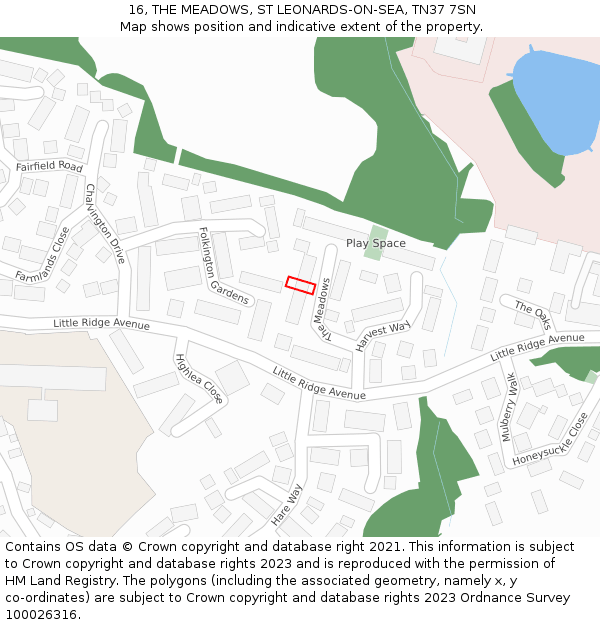 16, THE MEADOWS, ST LEONARDS-ON-SEA, TN37 7SN: Location map and indicative extent of plot