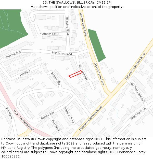 16, THE SWALLOWS, BILLERICAY, CM11 2PJ: Location map and indicative extent of plot
