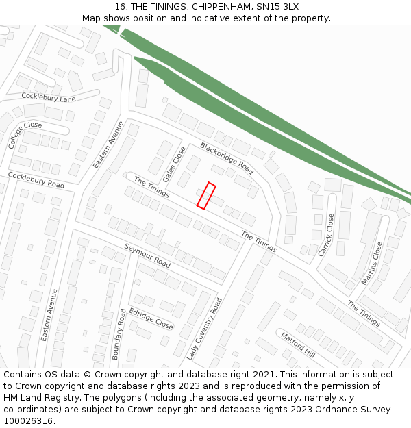 16, THE TININGS, CHIPPENHAM, SN15 3LX: Location map and indicative extent of plot