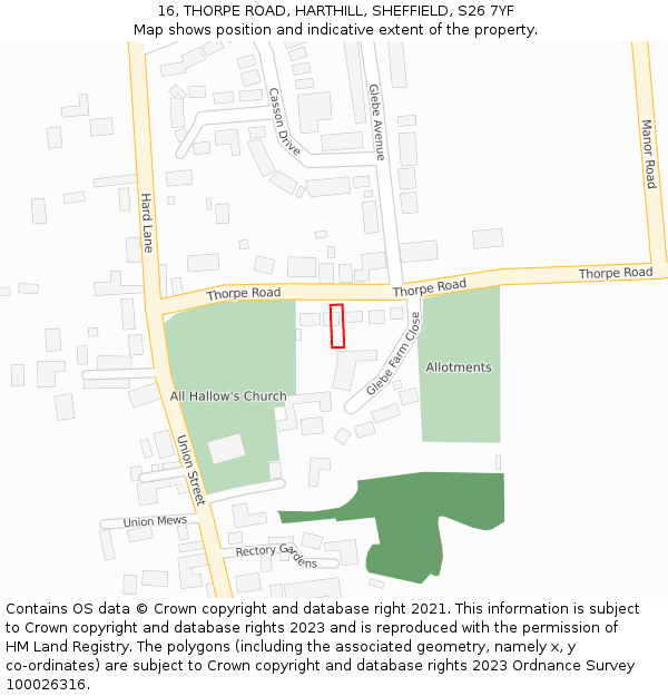 16, THORPE ROAD, HARTHILL, SHEFFIELD, S26 7YF: Location map and indicative extent of plot