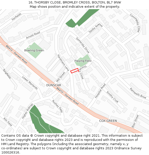 16, THORSBY CLOSE, BROMLEY CROSS, BOLTON, BL7 9NW: Location map and indicative extent of plot