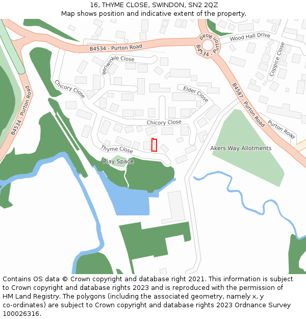 16, THYME CLOSE, SWINDON, SN2 2QZ: Location map and indicative extent of plot