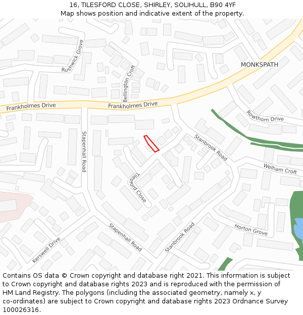 16, TILESFORD CLOSE, SHIRLEY, SOLIHULL, B90 4YF: Location map and indicative extent of plot