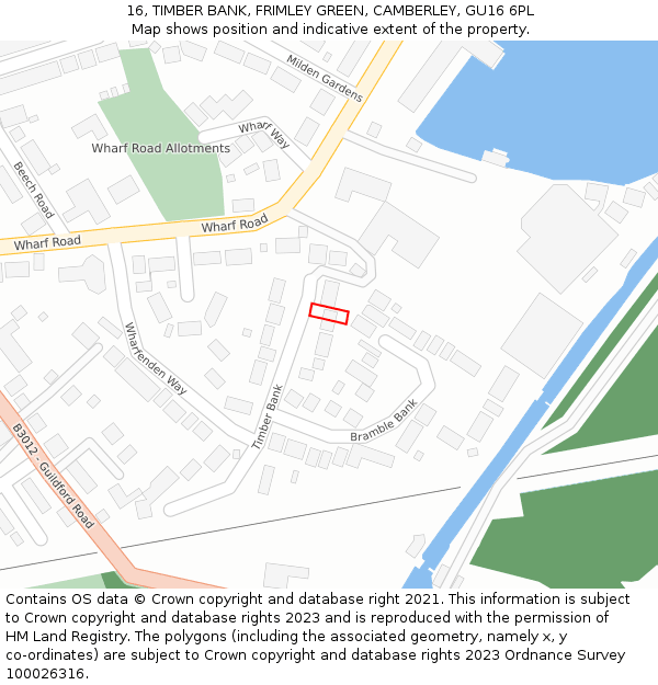 16, TIMBER BANK, FRIMLEY GREEN, CAMBERLEY, GU16 6PL: Location map and indicative extent of plot