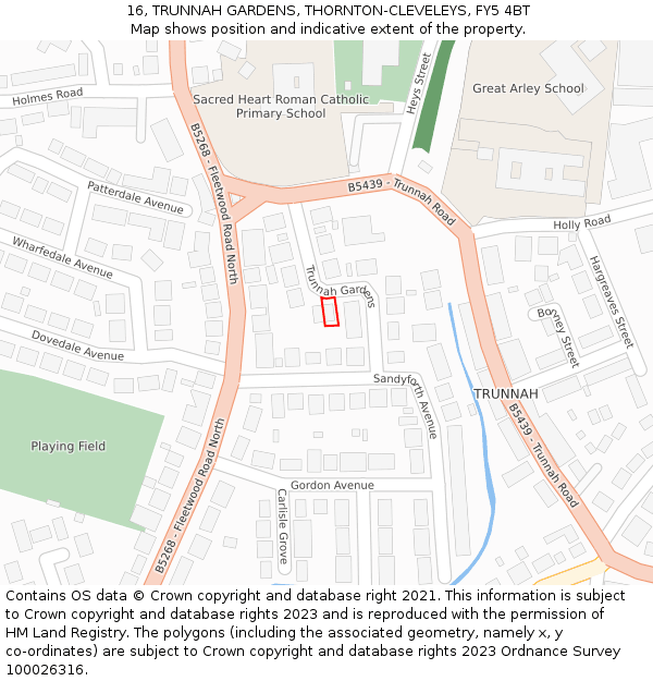 16, TRUNNAH GARDENS, THORNTON-CLEVELEYS, FY5 4BT: Location map and indicative extent of plot