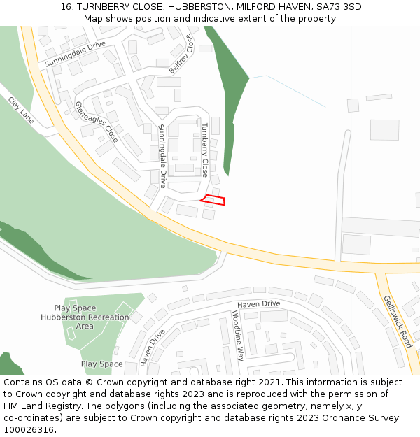 16, TURNBERRY CLOSE, HUBBERSTON, MILFORD HAVEN, SA73 3SD: Location map and indicative extent of plot