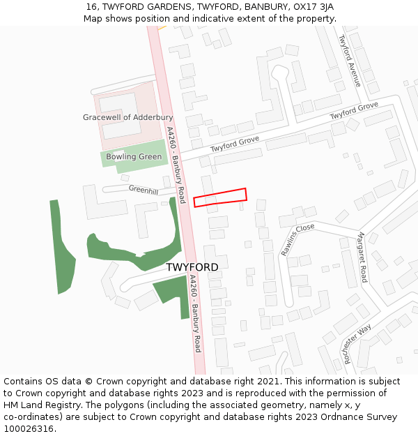 16, TWYFORD GARDENS, TWYFORD, BANBURY, OX17 3JA: Location map and indicative extent of plot