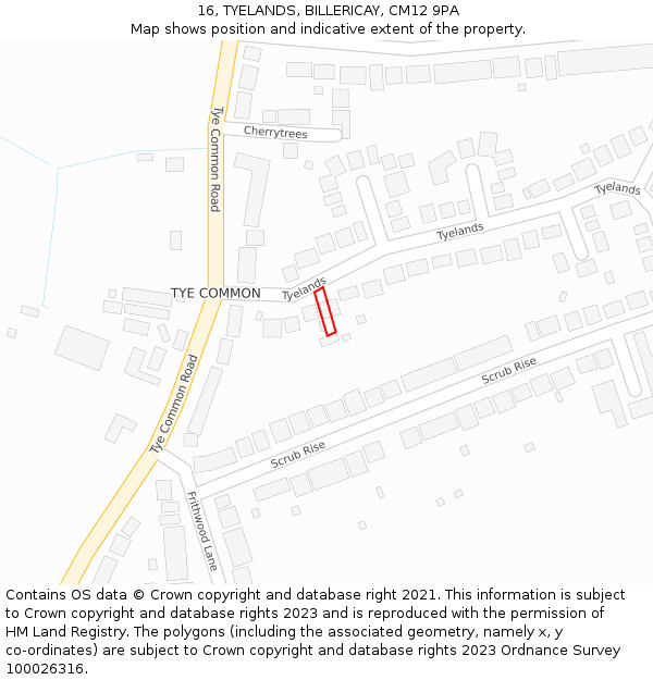 16, TYELANDS, BILLERICAY, CM12 9PA: Location map and indicative extent of plot