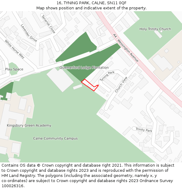 16, TYNING PARK, CALNE, SN11 0QF: Location map and indicative extent of plot