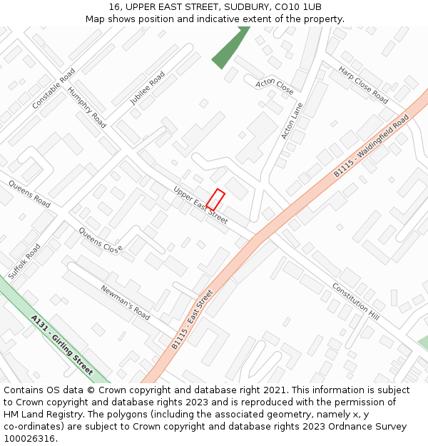 16, UPPER EAST STREET, SUDBURY, CO10 1UB: Location map and indicative extent of plot