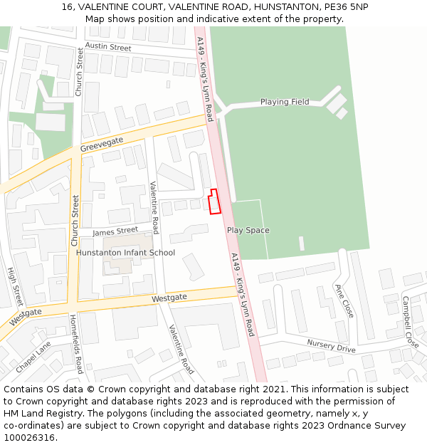 16, VALENTINE COURT, VALENTINE ROAD, HUNSTANTON, PE36 5NP: Location map and indicative extent of plot