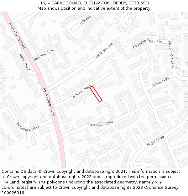 16, VICARAGE ROAD, CHELLASTON, DERBY, DE73 6SD: Location map and indicative extent of plot