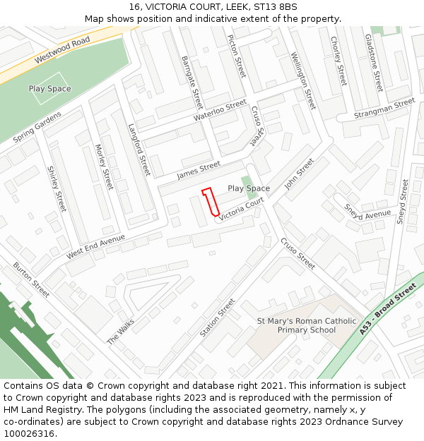 16, VICTORIA COURT, LEEK, ST13 8BS: Location map and indicative extent of plot