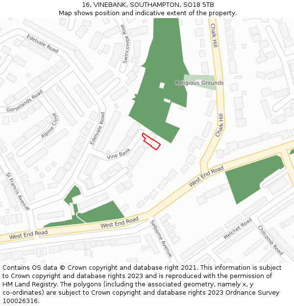 16, VINEBANK, SOUTHAMPTON, SO18 5TB: Location map and indicative extent of plot