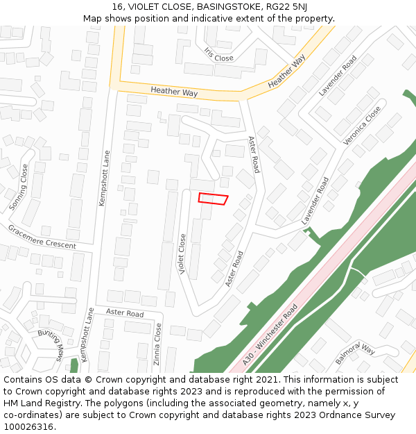 16, VIOLET CLOSE, BASINGSTOKE, RG22 5NJ: Location map and indicative extent of plot
