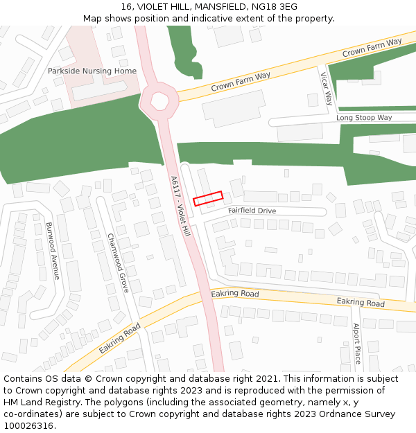 16, VIOLET HILL, MANSFIELD, NG18 3EG: Location map and indicative extent of plot