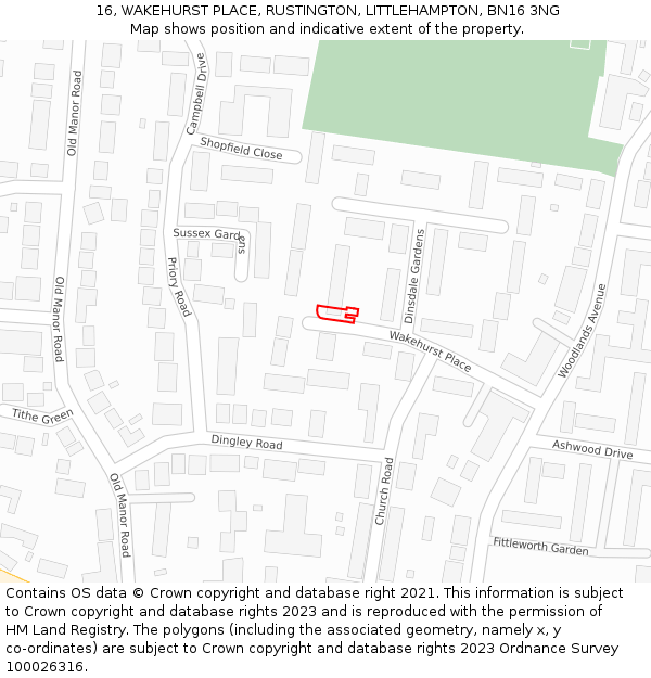 16, WAKEHURST PLACE, RUSTINGTON, LITTLEHAMPTON, BN16 3NG: Location map and indicative extent of plot