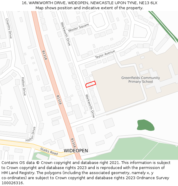 16, WARKWORTH DRIVE, WIDEOPEN, NEWCASTLE UPON TYNE, NE13 6LX: Location map and indicative extent of plot