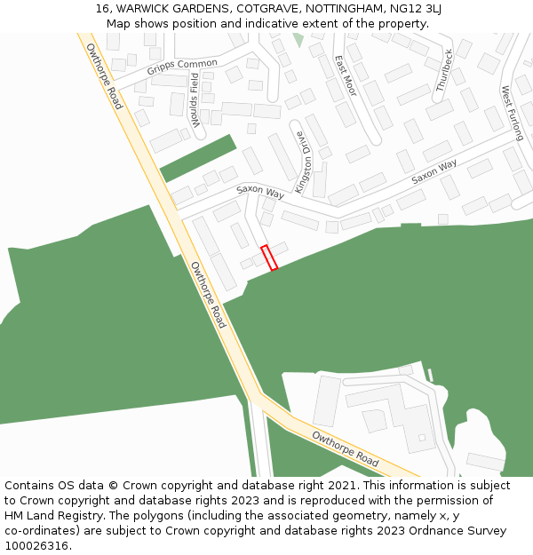 16, WARWICK GARDENS, COTGRAVE, NOTTINGHAM, NG12 3LJ: Location map and indicative extent of plot