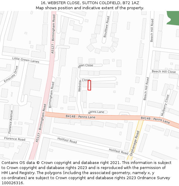 16, WEBSTER CLOSE, SUTTON COLDFIELD, B72 1AZ: Location map and indicative extent of plot