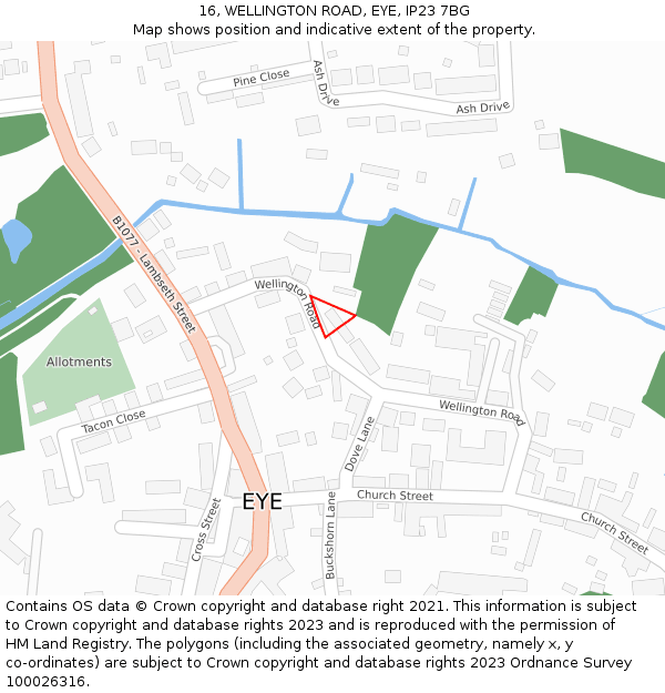 16, WELLINGTON ROAD, EYE, IP23 7BG: Location map and indicative extent of plot