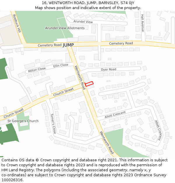 16, WENTWORTH ROAD, JUMP, BARNSLEY, S74 0JY: Location map and indicative extent of plot