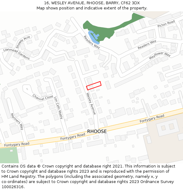 16, WESLEY AVENUE, RHOOSE, BARRY, CF62 3DX: Location map and indicative extent of plot