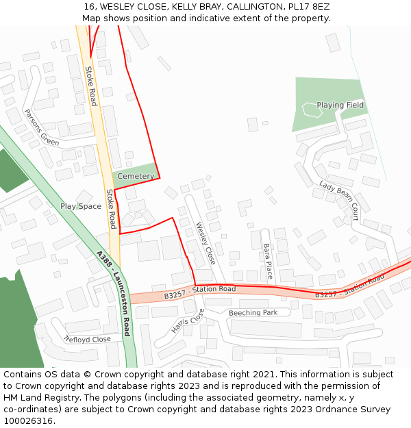 16, WESLEY CLOSE, KELLY BRAY, CALLINGTON, PL17 8EZ: Location map and indicative extent of plot