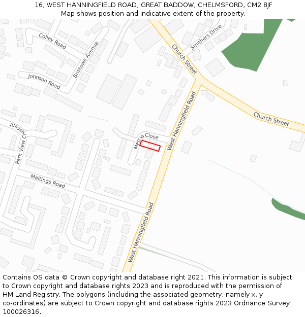 16, WEST HANNINGFIELD ROAD, GREAT BADDOW, CHELMSFORD, CM2 8JF: Location map and indicative extent of plot