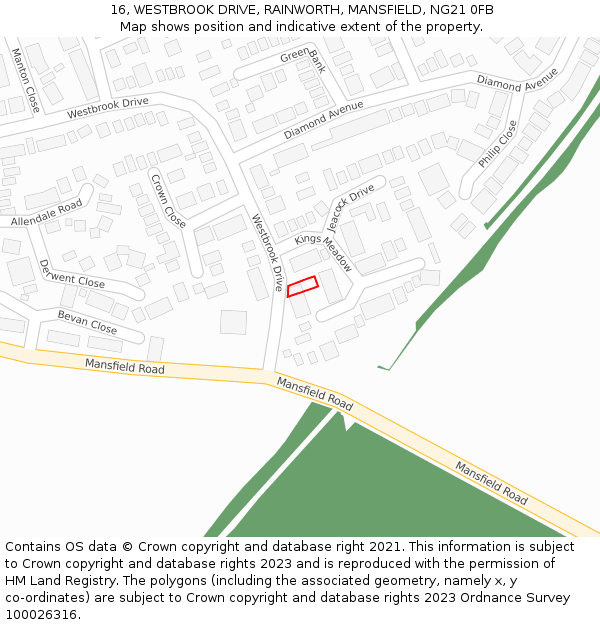 16, WESTBROOK DRIVE, RAINWORTH, MANSFIELD, NG21 0FB: Location map and indicative extent of plot