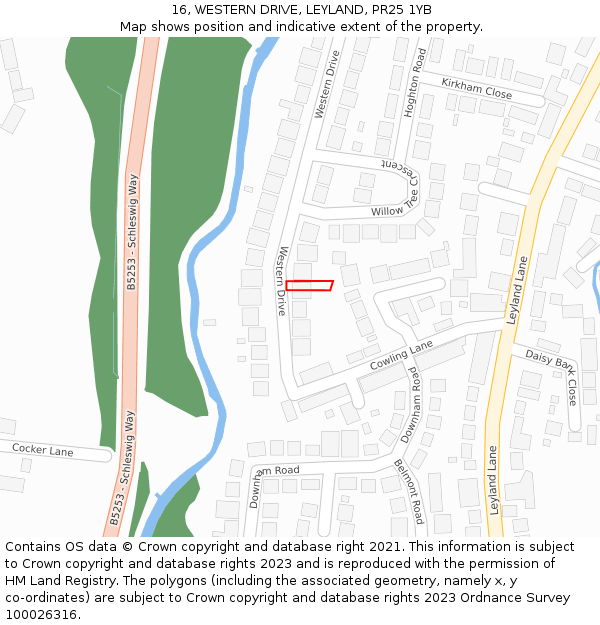 16, WESTERN DRIVE, LEYLAND, PR25 1YB: Location map and indicative extent of plot