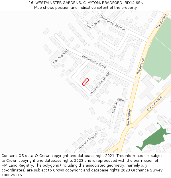 16, WESTMINSTER GARDENS, CLAYTON, BRADFORD, BD14 6SN: Location map and indicative extent of plot