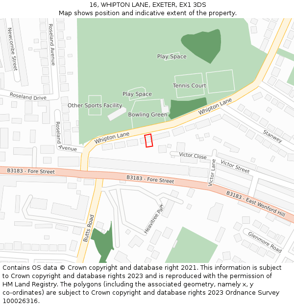 16, WHIPTON LANE, EXETER, EX1 3DS: Location map and indicative extent of plot