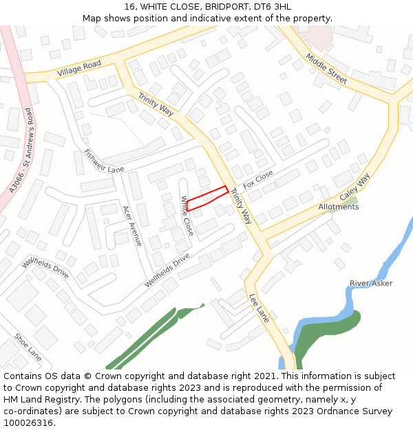 16, WHITE CLOSE, BRIDPORT, DT6 3HL: Location map and indicative extent of plot