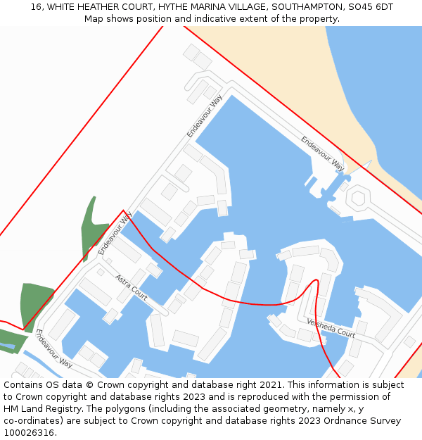 16, WHITE HEATHER COURT, HYTHE MARINA VILLAGE, SOUTHAMPTON, SO45 6DT: Location map and indicative extent of plot