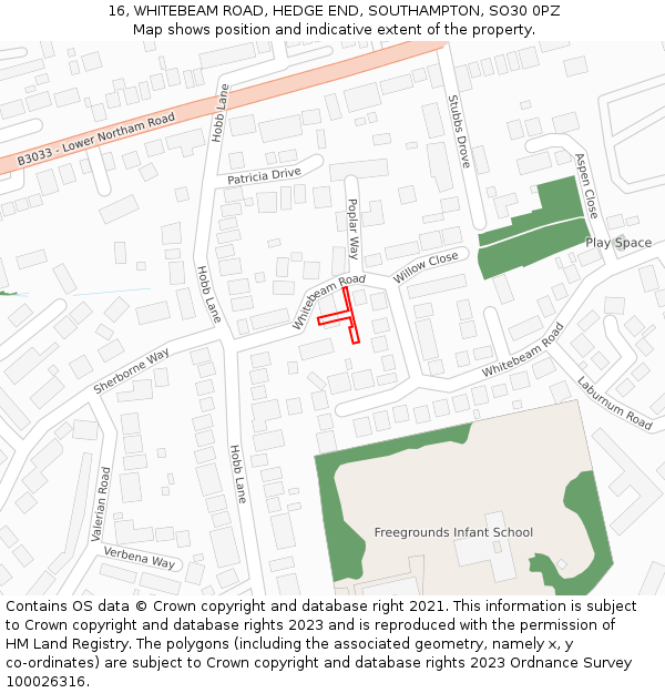 16, WHITEBEAM ROAD, HEDGE END, SOUTHAMPTON, SO30 0PZ: Location map and indicative extent of plot