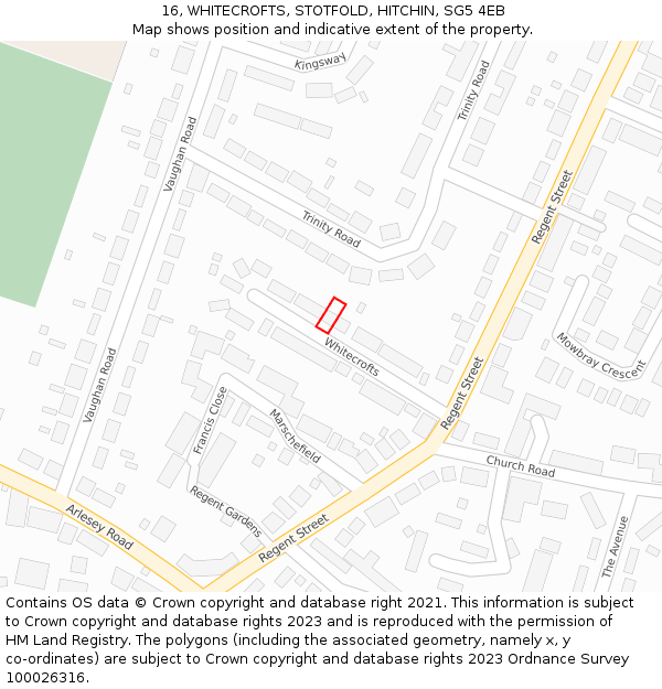 16, WHITECROFTS, STOTFOLD, HITCHIN, SG5 4EB: Location map and indicative extent of plot