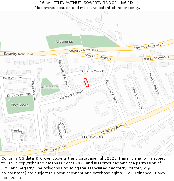 16, WHITELEY AVENUE, SOWERBY BRIDGE, HX6 1DL: Location map and indicative extent of plot