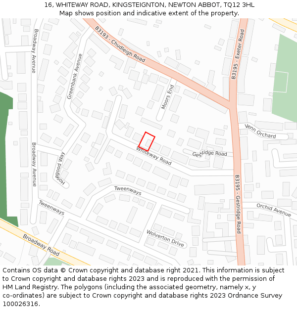 16, WHITEWAY ROAD, KINGSTEIGNTON, NEWTON ABBOT, TQ12 3HL: Location map and indicative extent of plot