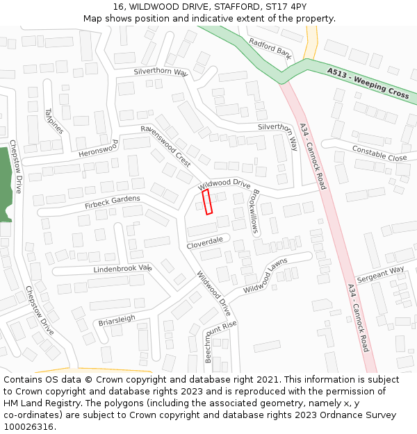 16, WILDWOOD DRIVE, STAFFORD, ST17 4PY: Location map and indicative extent of plot
