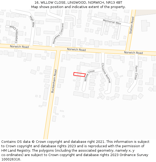 16, WILLOW CLOSE, LINGWOOD, NORWICH, NR13 4BT: Location map and indicative extent of plot