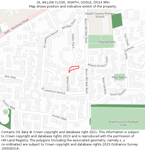 16, WILLOW CLOSE, SNAITH, GOOLE, DN14 9RH: Location map and indicative extent of plot